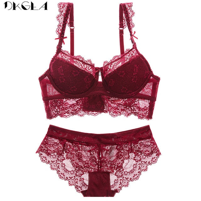 Ultra Thin Red And Black Lace Mousse Bra And Panty Set Back Push