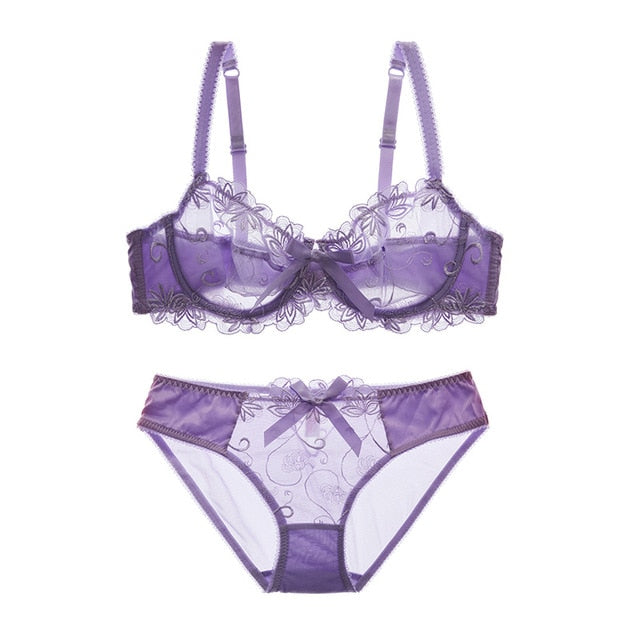 Women's Purple Sexy Lingerie Lace Embroidery Flower Bra Set Plus