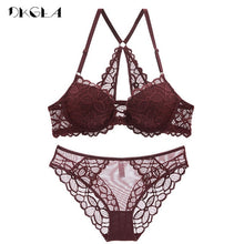 Load image into Gallery viewer, Front Closure Bras Lace Underwear Set Sexy Deep V Brassiere Thick Push Up Bra Panties Sets Embroidery Purple Women Lingerie Set