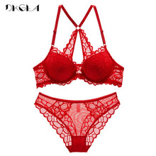 Load image into Gallery viewer, Front Closure Bras Lace Underwear Set Sexy Deep V Brassiere Thick Push Up Bra Panties Sets Embroidery Purple Women Lingerie Set