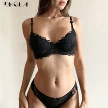 Load image into Gallery viewer, Comfortable Thin Cotton Women Underwear Sexy Bra Set Plus Size C D Cup Embroidery Brassiere Push Up Bras Lace Lingerie Set Black