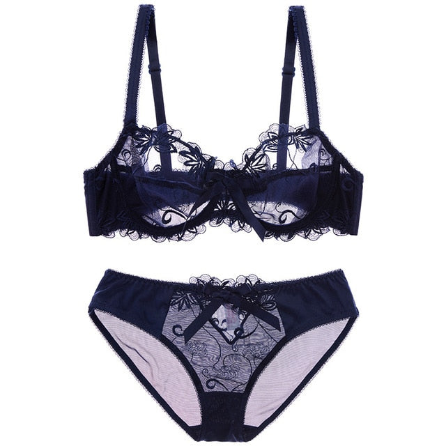 KsQ New Sexy lace ultra-thin transparent padless 1/2 half cup bra bra set  (Color : Black, Size : 70C) : : Fashion