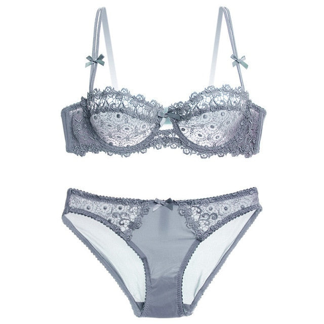 Ultrathin underwear lace transparent sexy bra set women plus size Half –  dkgea.shop