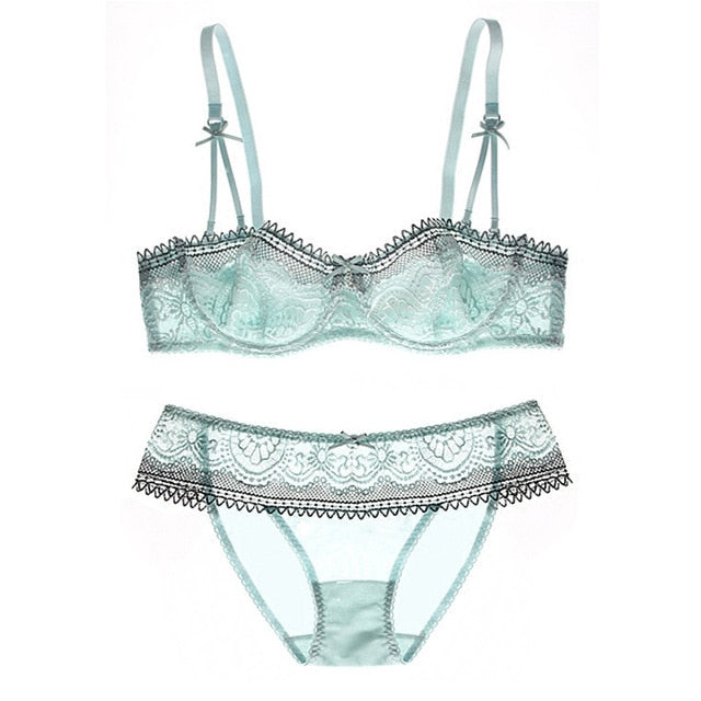 Ultra-thin transparent hollow half cup bra and panty set sexy