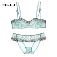 Load image into Gallery viewer, Young Girl Ultrathin Half Cup Bra Plus Size D Cup Lace Transparent Bras Set Sexy Green Underwear Women Sets Hollow Out Brassiere