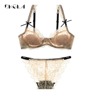 Ultrathin Underwear Sexy Bra Set Plus Size 38 40 White Lace Bra Embroidery Women Transparent Lingerie Set Brand Brassiere