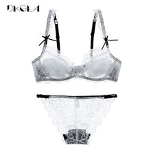 Load image into Gallery viewer, Ultrathin Underwear Sexy Bra Set Plus Size 38 40 White Lace Bra Embroidery Women Transparent Lingerie Set Brand Brassiere