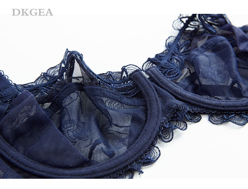 Deep V neck transparent gauze sexy plus size embroidery ultra thin  paragraph lace navy blue bra